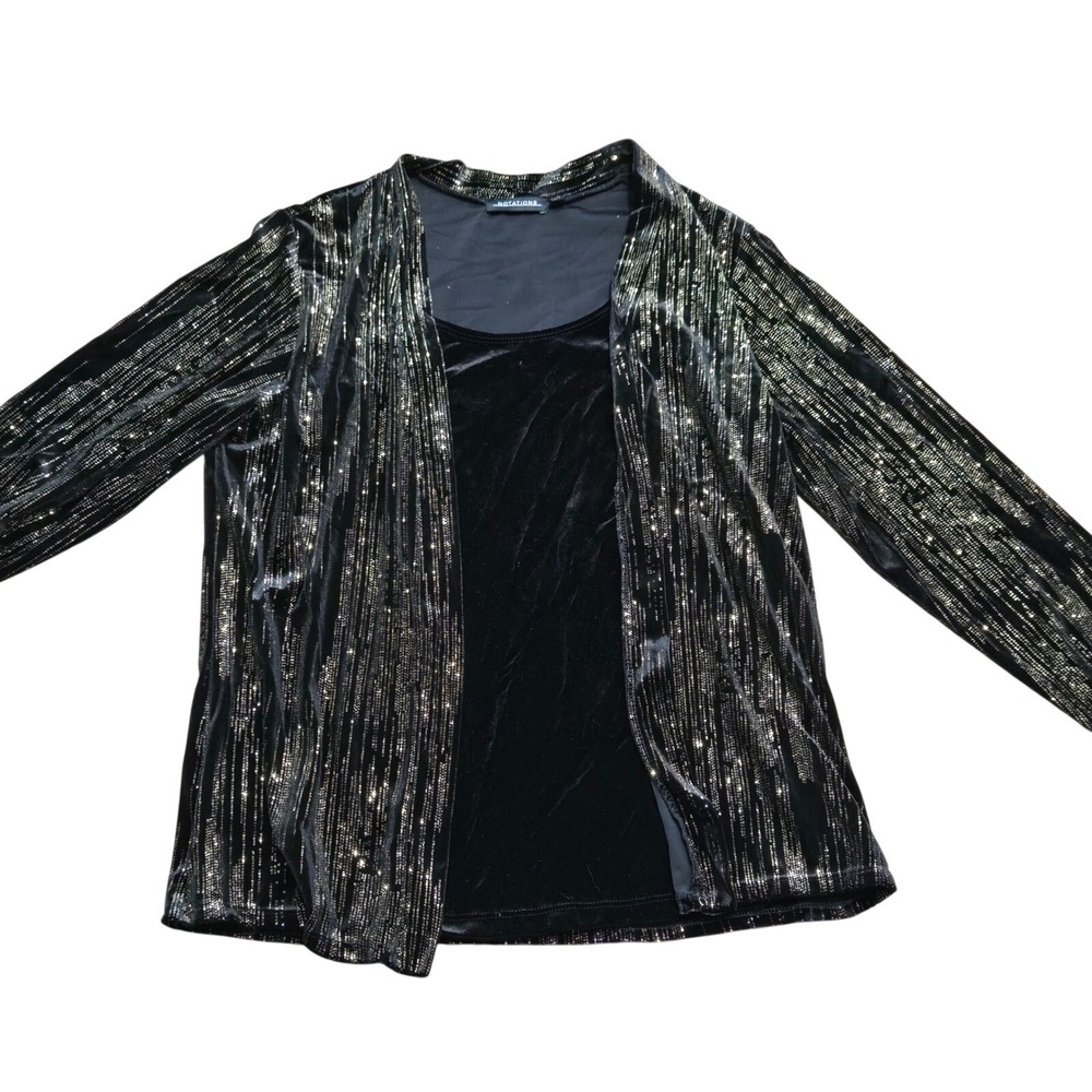 Notations Womens Black Gold Metallic Glitter Velvet Striped Cardigan Top Set M